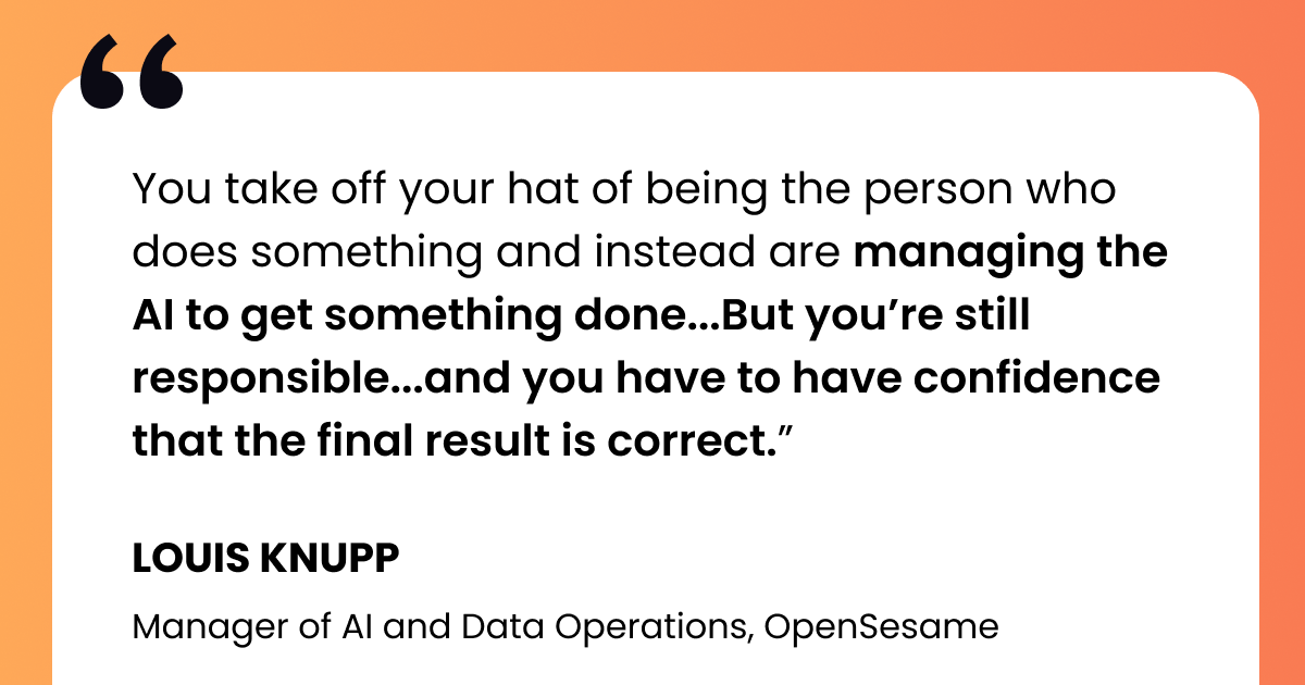 The image features a quote on a white background with a black quotation mark in the top left corner. The quote reads, "You take off your hat of being the person who does something and instead are managing the AI to get something done... But you’re still responsible... and you have to have confidence that the final result is correct." The quote is attributed to Louis Knupp, Manager of AI and Data Operations at OpenSesame. The phrases "managing the AI to get something done" and "you have to have confidence that the final result is correct" are bolded for emphasis. The background has an orange gradient on the left edge.