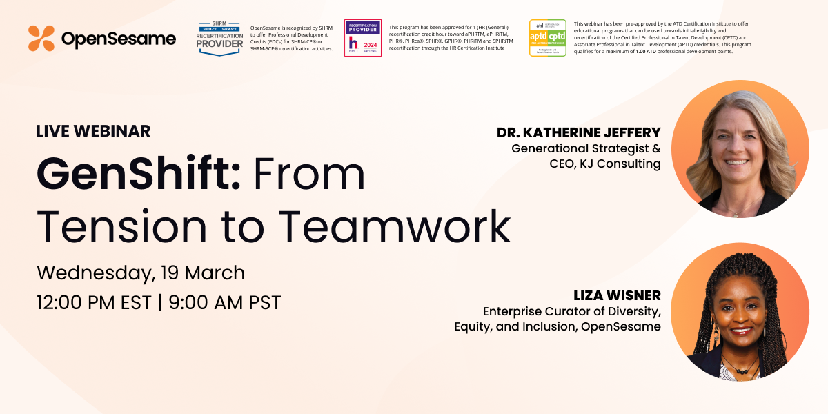 Webinar banner for 'GenShift: From Tension to Teamwork' with event details and speaker photos.